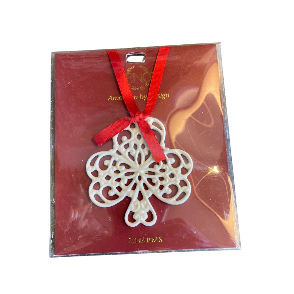 Lenox Pierced Shamrock Charm Ivory China Ornament Red Ribbon 817916 NEW